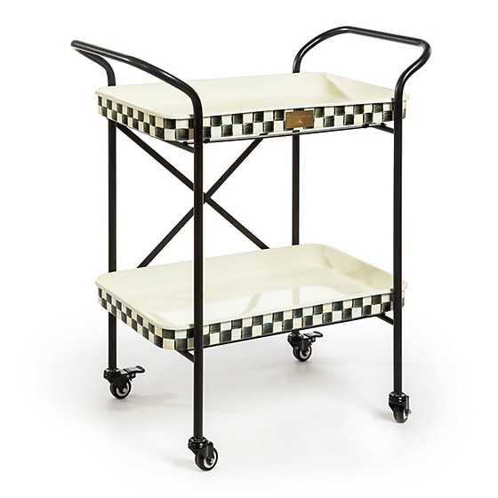 Courtly Check 2-Tier Kitchen Cart with a black steel frame and checkered enamel trays on wheels.
