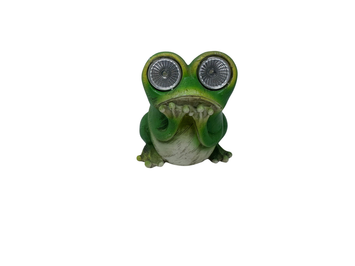 Green resin frog garden statue with large solar-powered LED eyes and hands covering its mouth.