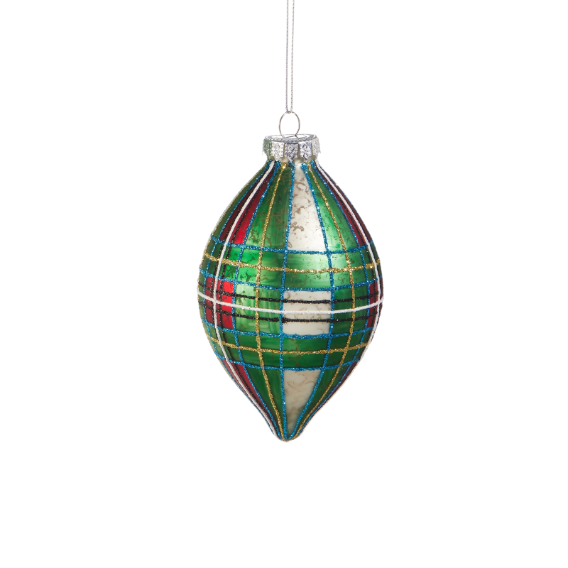 4-inch green glass teardrop ornament with a festive tartan plaid pattern and glitter accents.