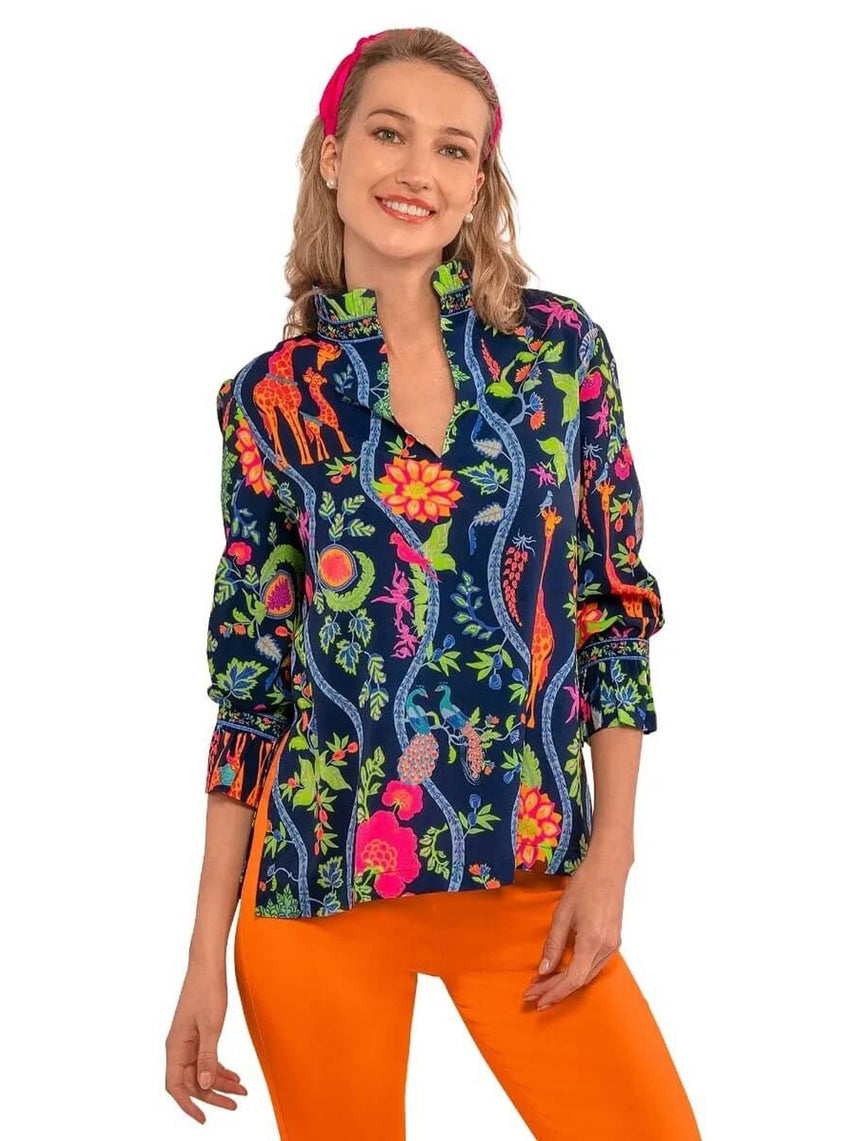 Ruffleneck Tunic Jungle Symphony in Navy