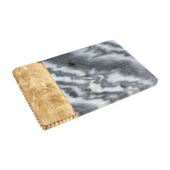 Rectangular marble serving board with beaded mango wood edges