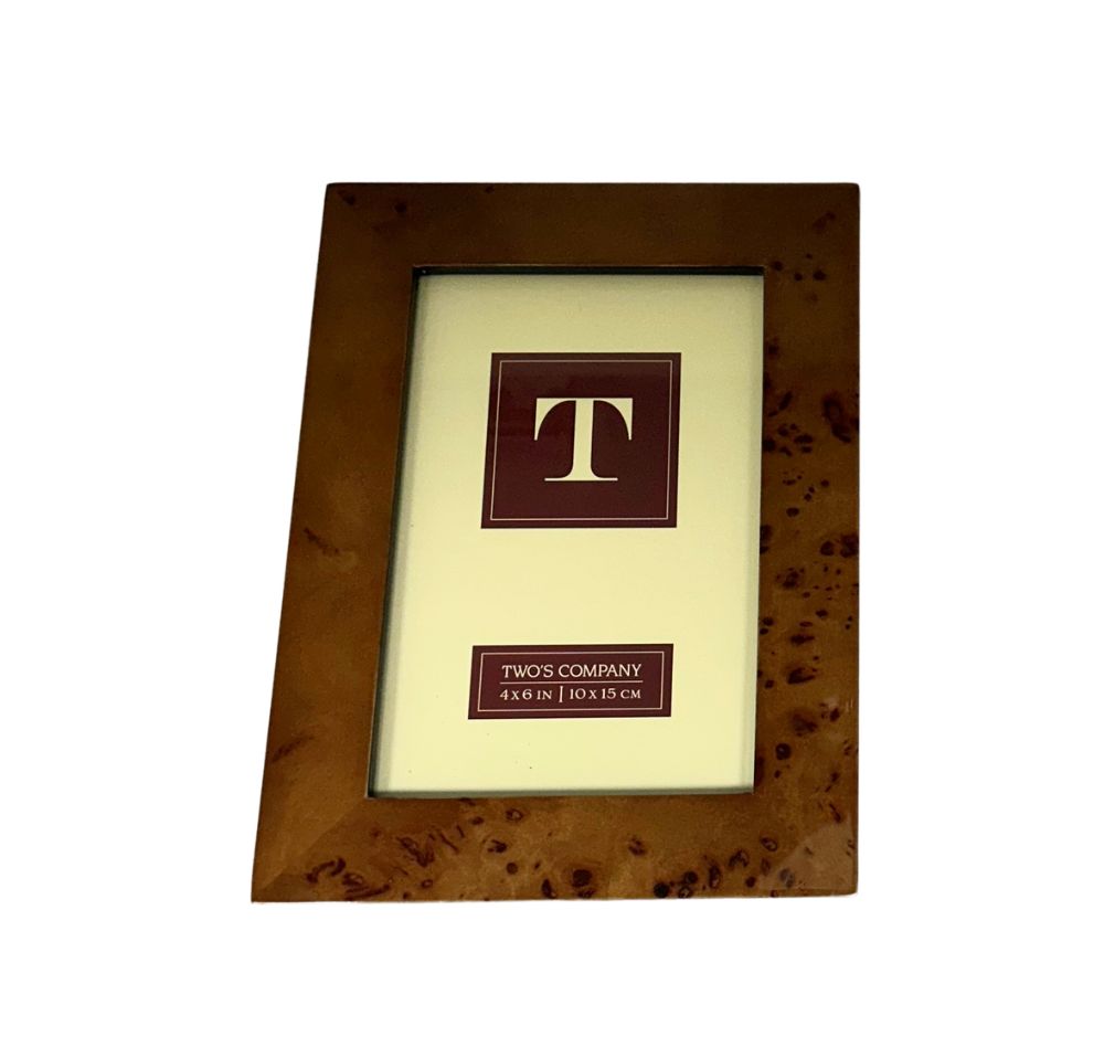 Glossy burled wood 4x6 photo frame with a high-gloss lacquered finish and a velvet backing.