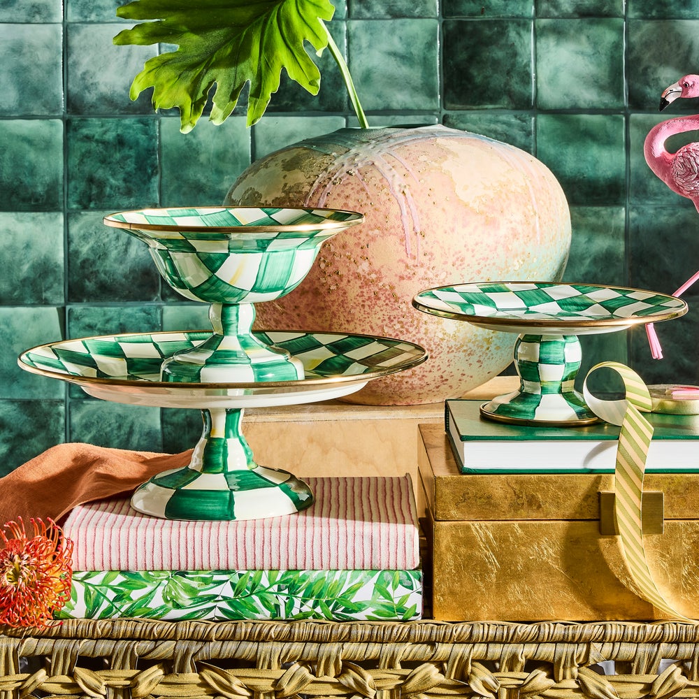 Emerald Check Small Pedestal Platter with hand-painted green and white checks and bronzed rim.