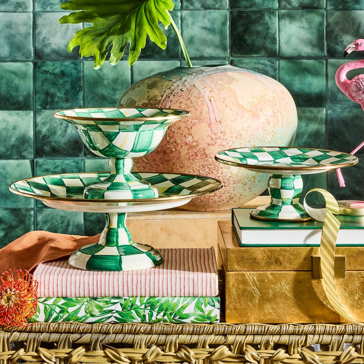Emerald Check Small Pedestal Platter with hand-painted green and white checks and bronzed rim.