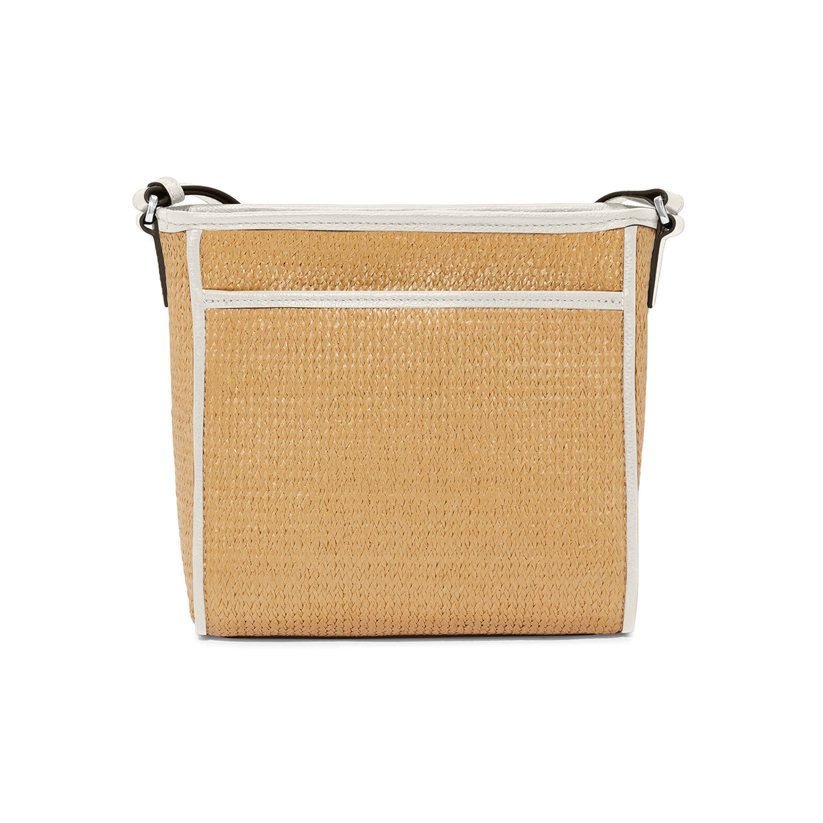 Natural-white faux straw Astrid organizer bag with adjustable strap, zip top closure, and exterior pockets.
