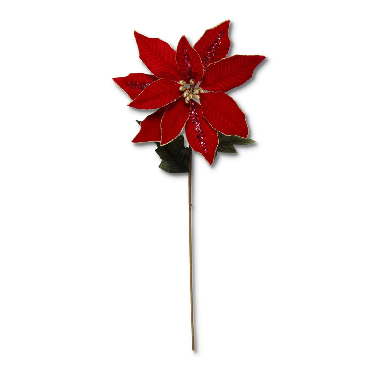 30-inch red velvet poinsettia stem with sequins, gold trim, and a gold center.