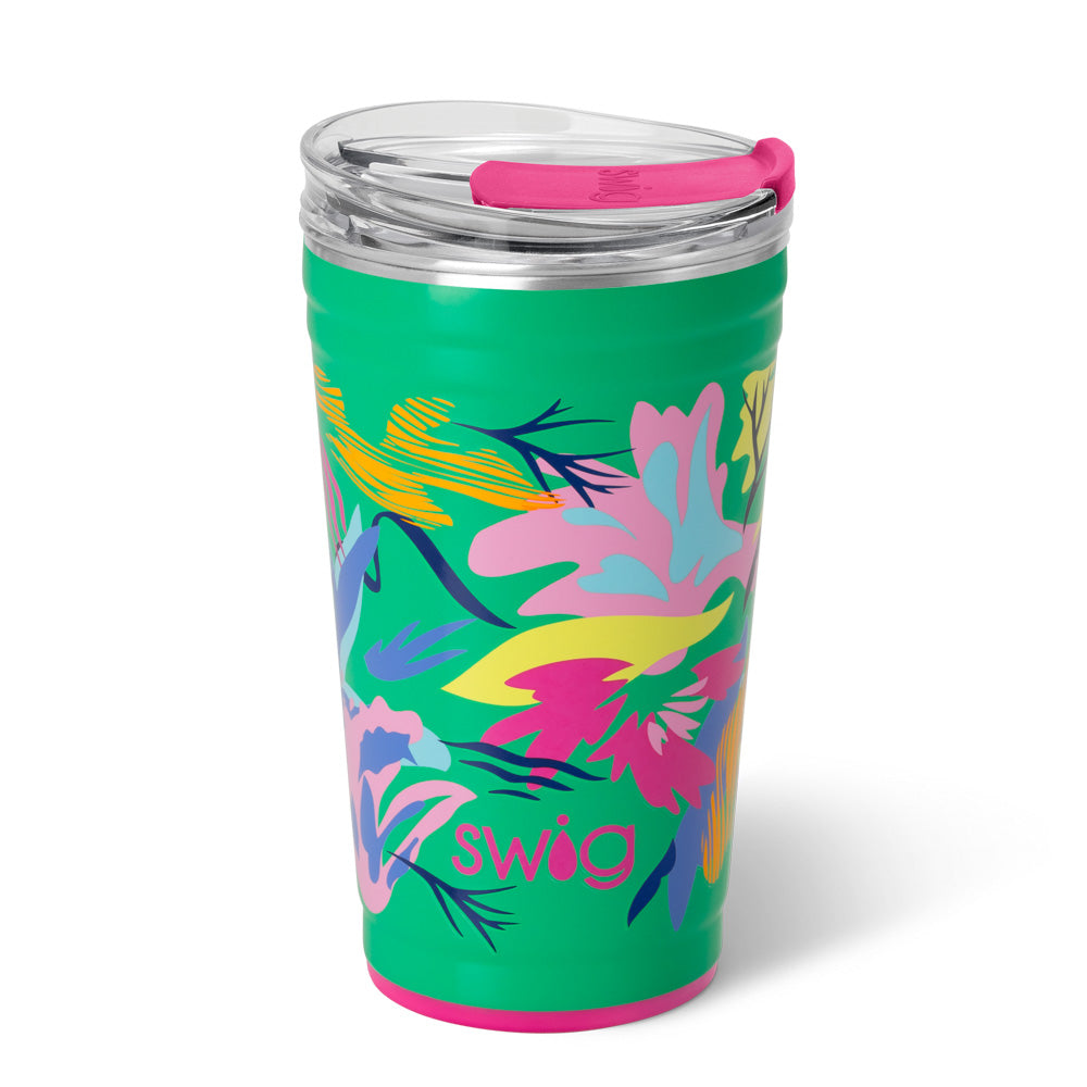 Green 24oz insulated stainless steel party cup with a colorful floral pattern and pink slider lid.