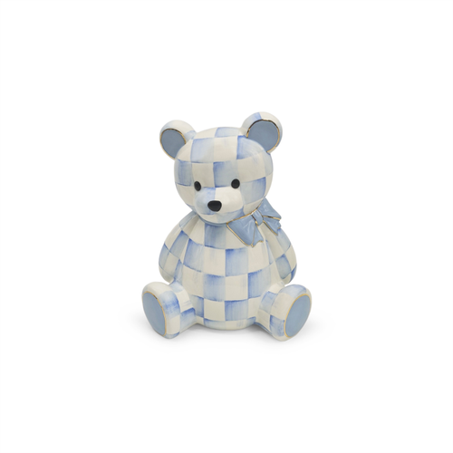 Sky Bear Bank, a hand-painted blue and white checkered ceramic teddy bear with gold accents.
