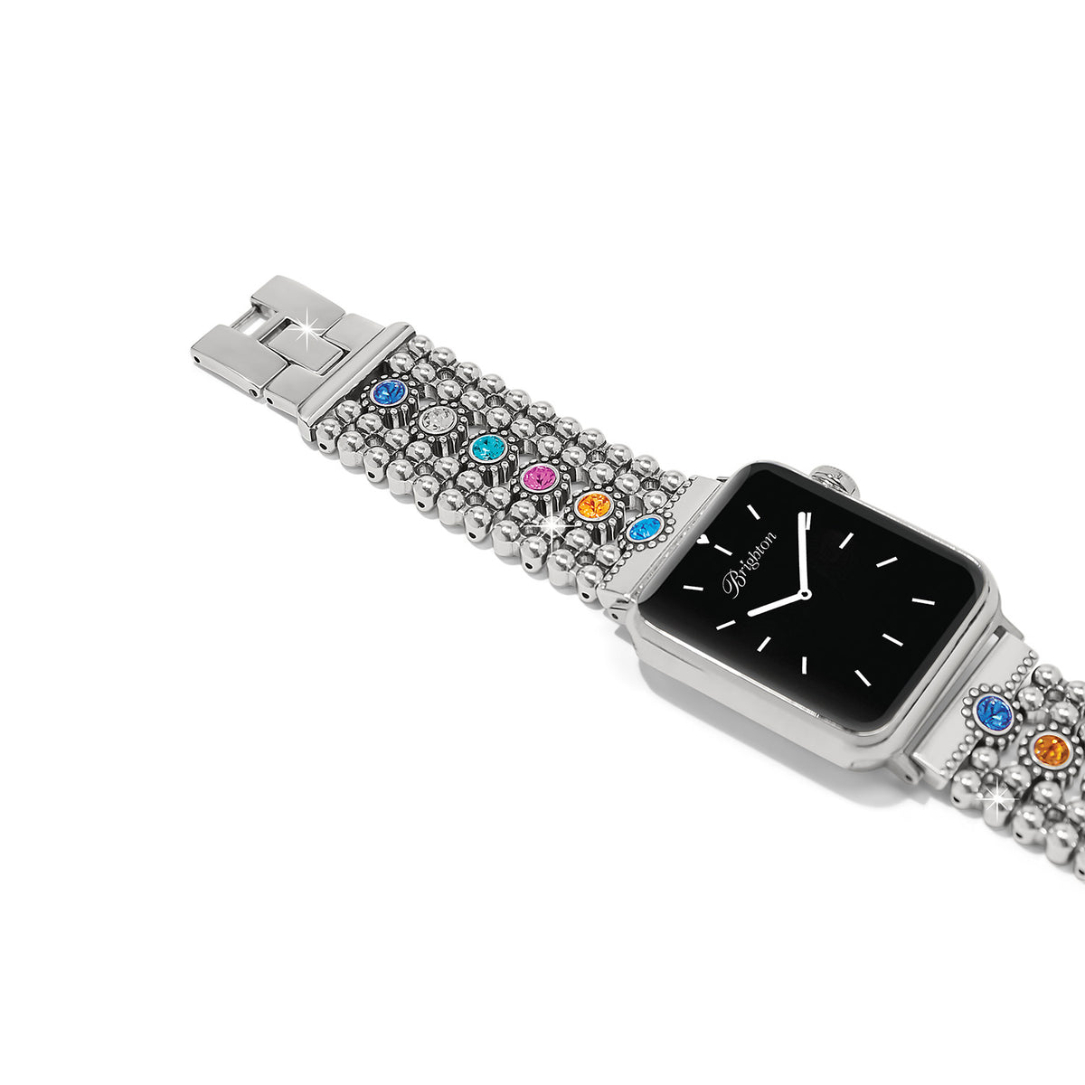 Silver plated multi watch band with fold-over clasp and removable crystal links.