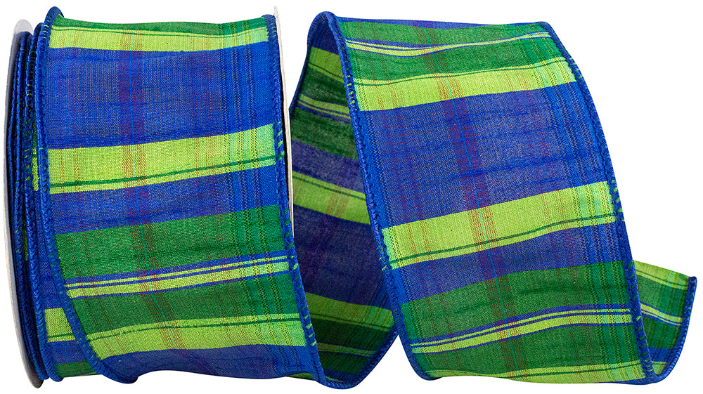 Blue and green plaid wired edge ribbon with a rainforest dupioni pattern.