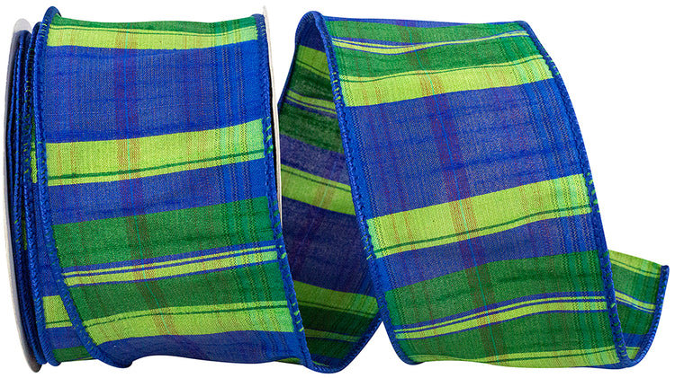 Blue and green plaid wired edge ribbon with a rainforest dupioni pattern.