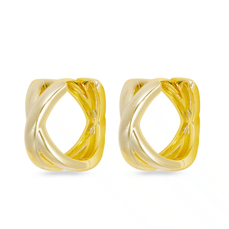 Pair of gold polished crisscross hoop earrings with a unique intertwined design.
