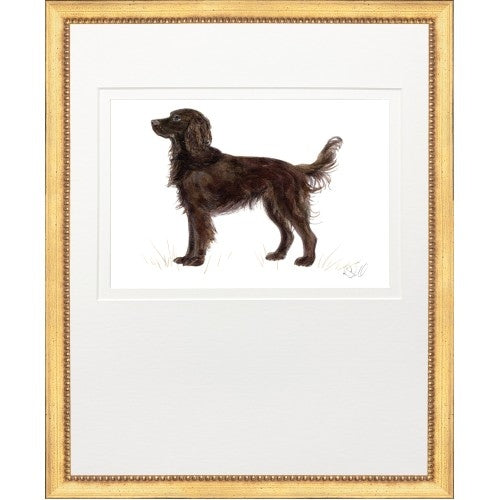 Framed artwork of a brown hunting dog standing in profile, set in a gold frame with white matting.