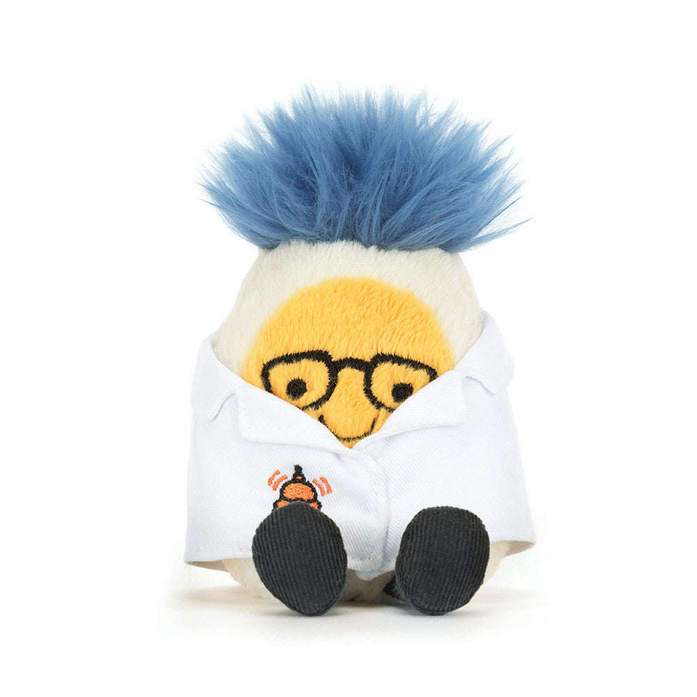 Amuseables Boiled Egg plush toy wearing a white scientist lab coat, glasses, and blue spiky hair.