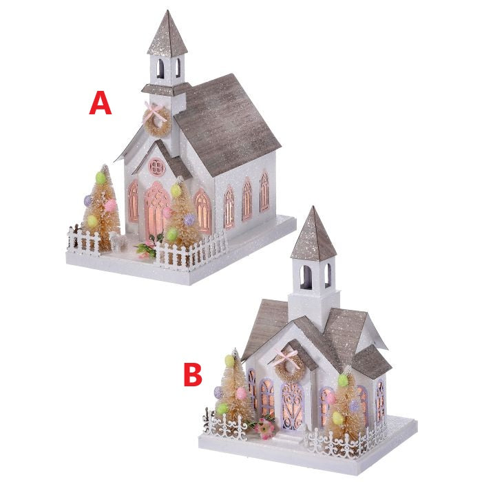 Cardboard LED timer shaped like an Easter church with a window pattern
