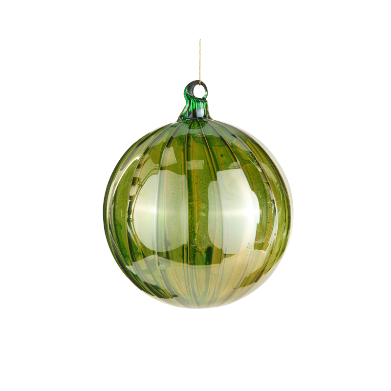 4-inch green iridescent glass ball ornament with vertical ribbed texture and hanging loop.