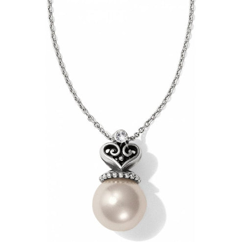 Silver plated crystal pearl pendant on a 19-inch lobster claw chain necklace.