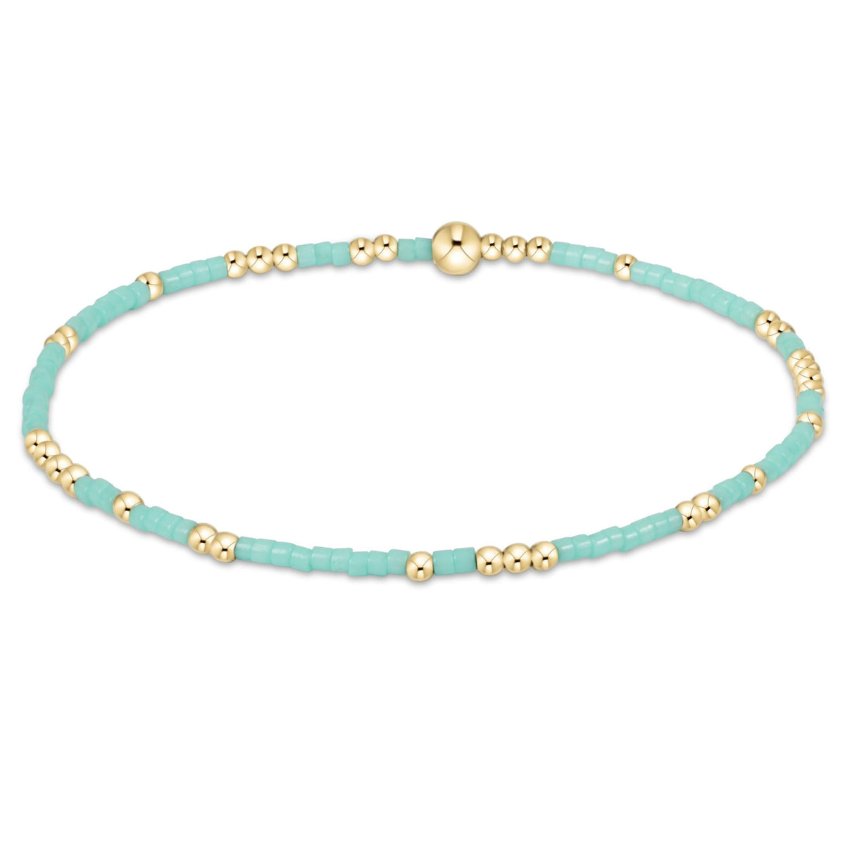 Hope Unwritten bracelet featuring mixed seed beads in various colors with gold-filled accents on elastic cord.