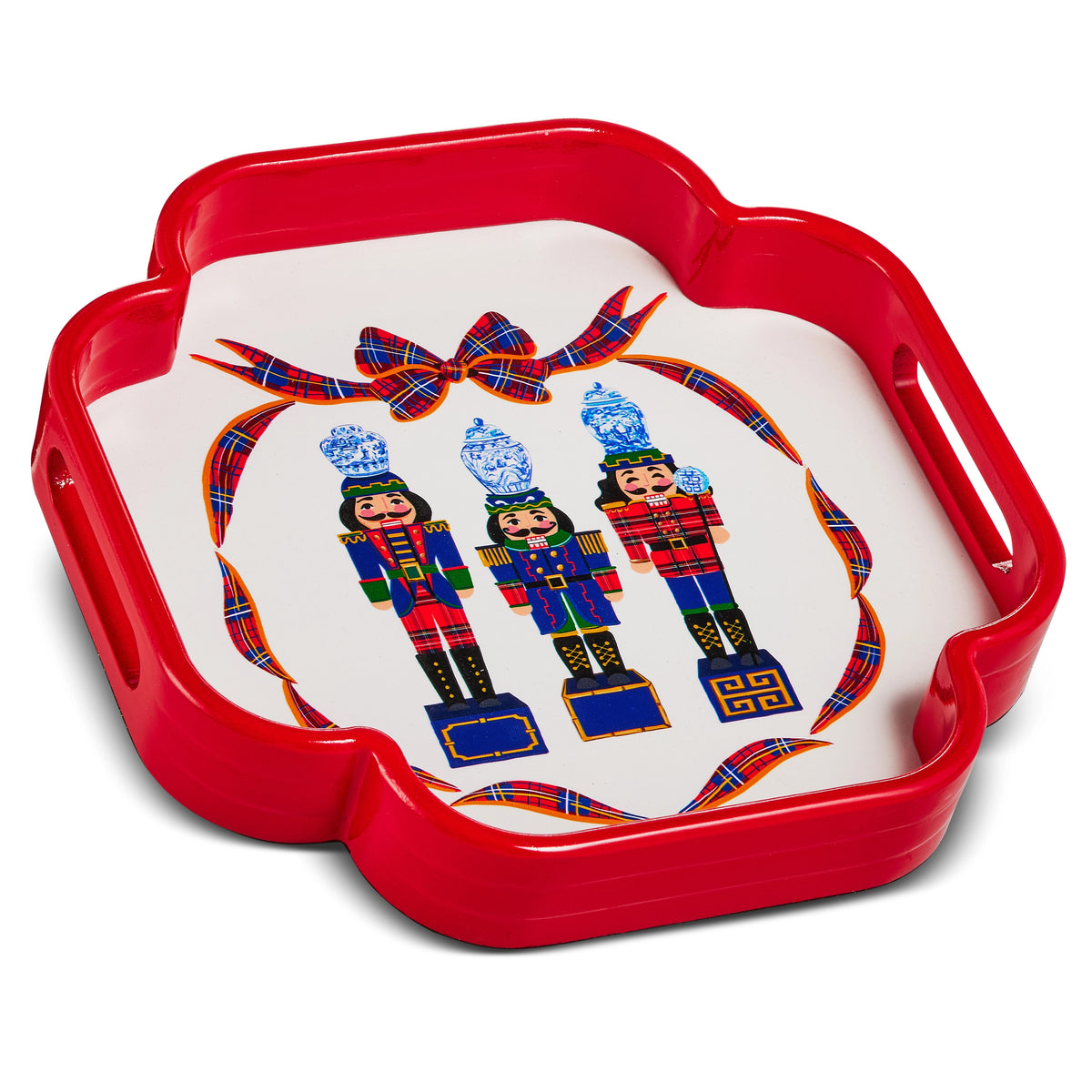12-inch red scalloped tray featuring three nutcrackers and a plaid bow design on a white background.