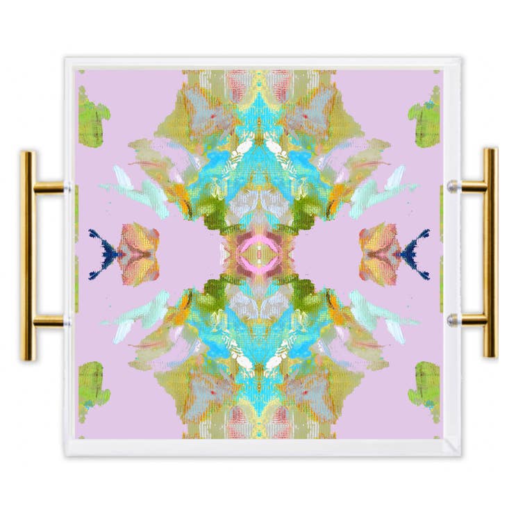 Large square lavender acrylic tray with stained glass geometric patterns and raised handles.