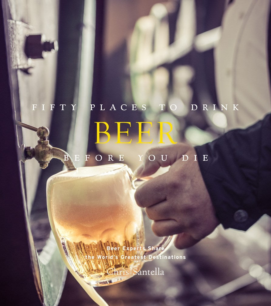Hardcover book titled Fifty Places To Drink Beer Before You Die with a dark cover featuring colorful illustrations.