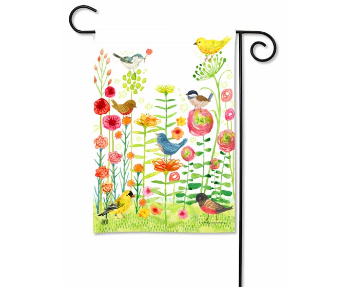 Garden flag featuring a colorful floral pattern on a white background with standard rectangular silhouette.