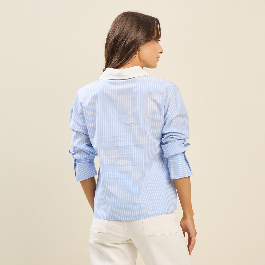 Shanie Colorblock Pinstripe Blouse with long sleeves, spread collar, V-neck, and pinstripe pattern.