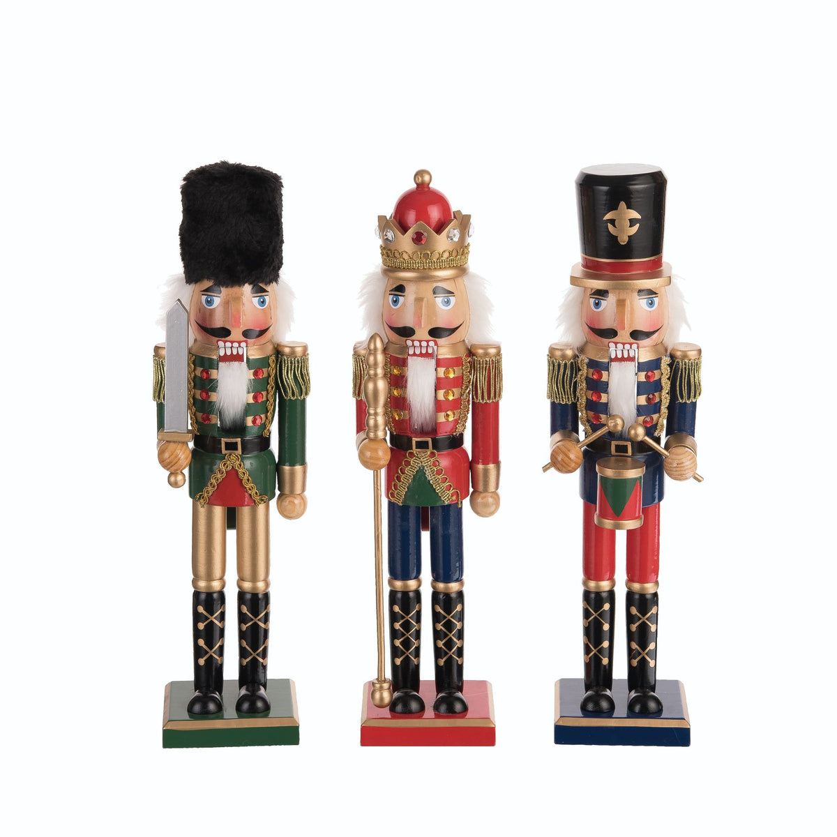 Wooden nutcracker figurine with royal blue accents standing on a base.