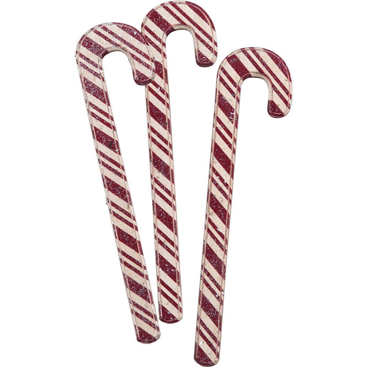 Set of three vintage-style wooden candy canes with red and white stripes and mica glitter accents.