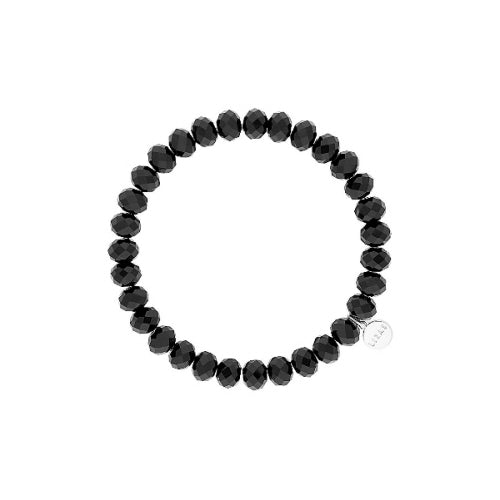Stretchy beaded bracelet with faceted glass beads in a colorful pattern.