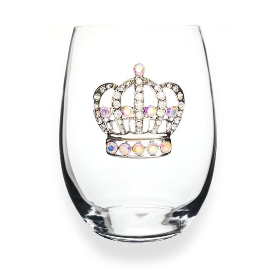 Handcrafted stemless wine glass with jeweled embellishments around the rim in clear crystal.