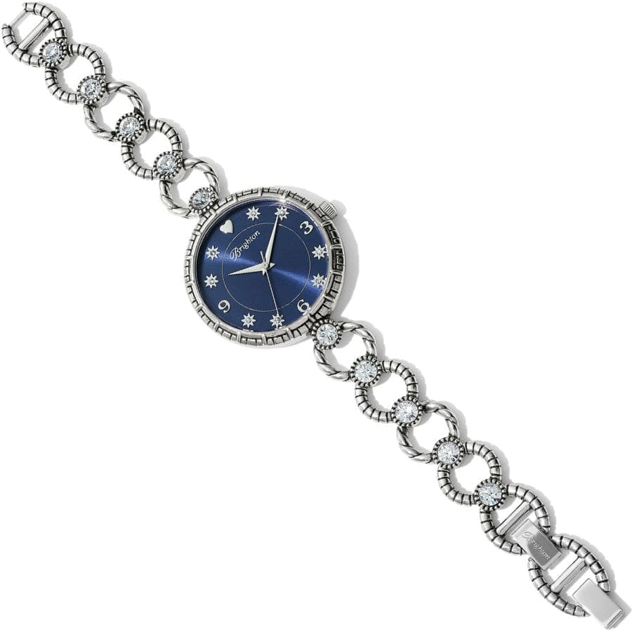 Star City Watch with a blue face, silver-plated link band, and crystal accents.