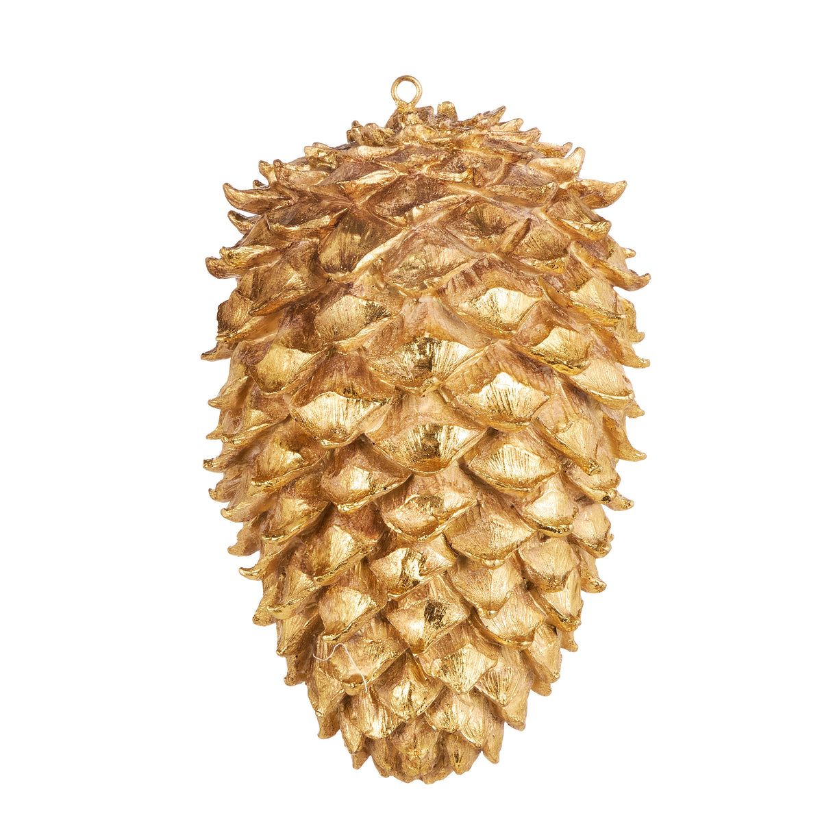 Gold glittered pinecone ornament made of resin with a metallic finish and hanging loop.
