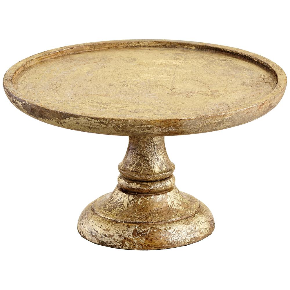 Gold brown mango wood cake stand with a tiered circular silhouette.
