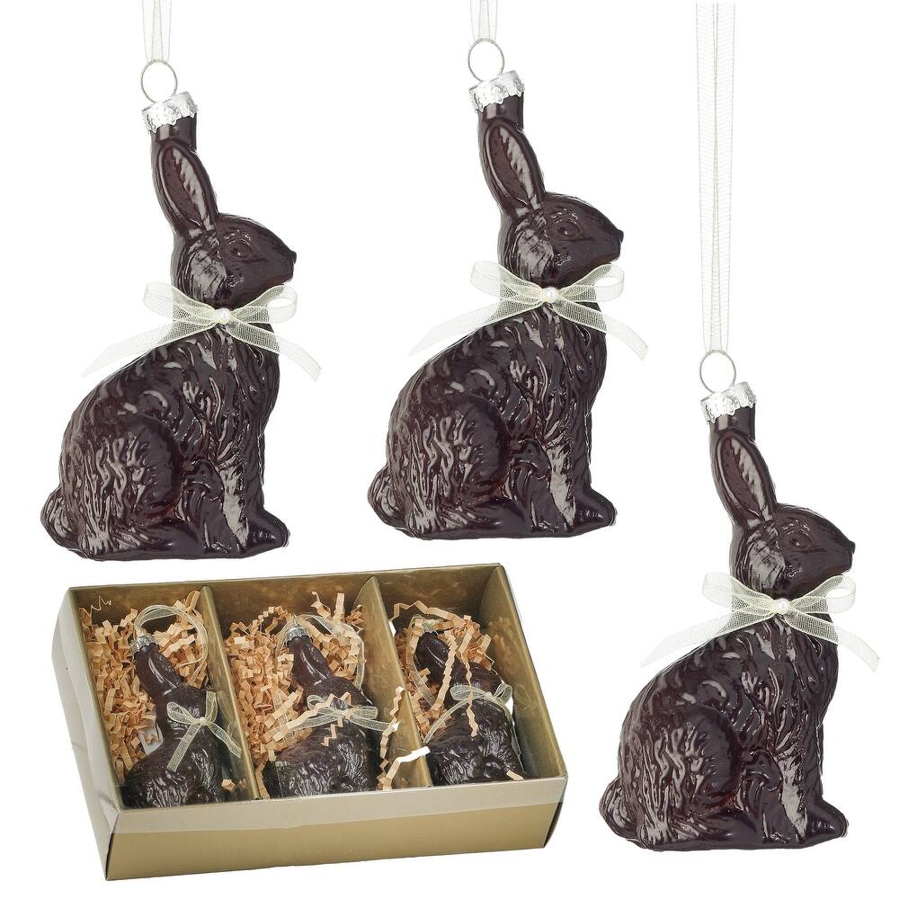 Four-inch glass chocolate bunny ornament with a glossy brown finish.