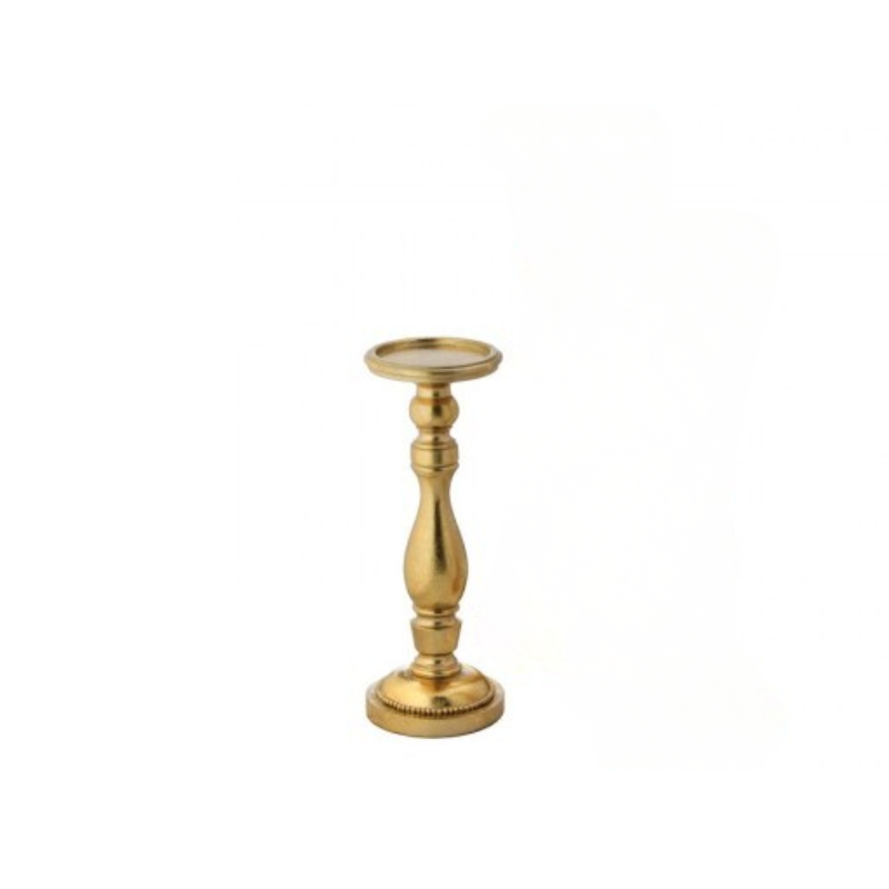Gold resin candle holder with a classic turned pedestal design and a flat top for pillar candles.