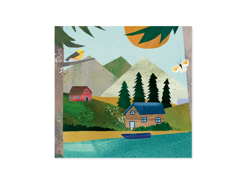 White envelope with gold foil 'Mountain Lake' text on a card featuring adventure-themed tags.
