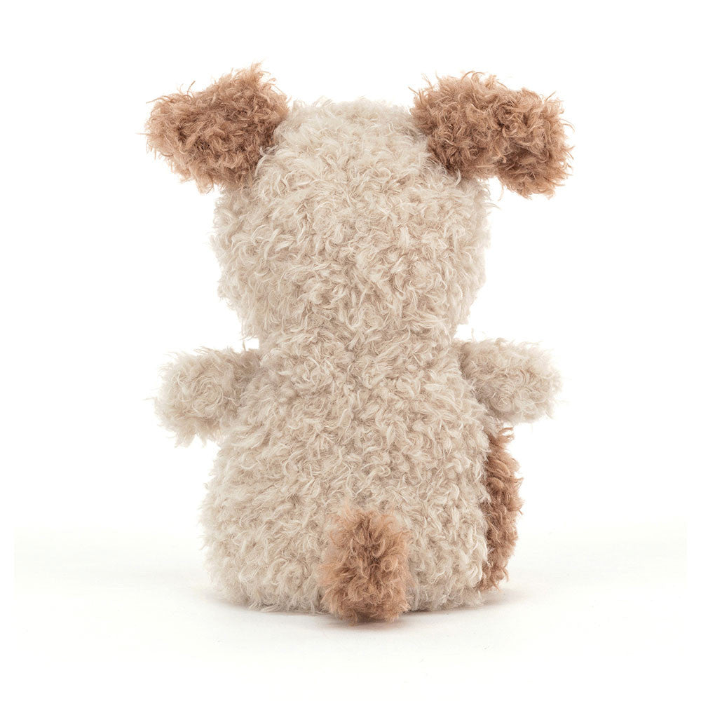 Rear view of Little Pup, a small beige and brown shaggy plush dog with floppy ears and a tiny tail.