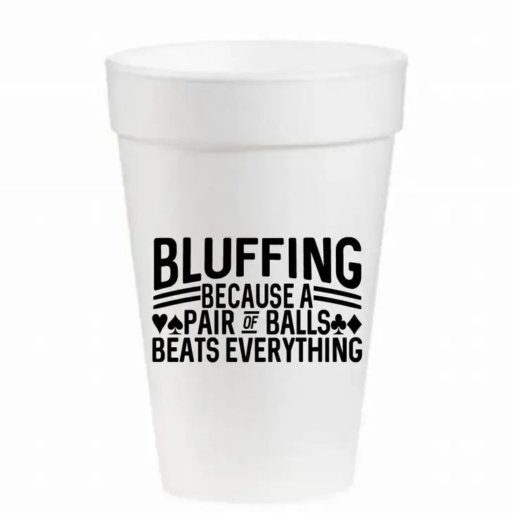 Set of white Styrofoam cups with a poker-themed graphic featuring playing cards and bridge elements.