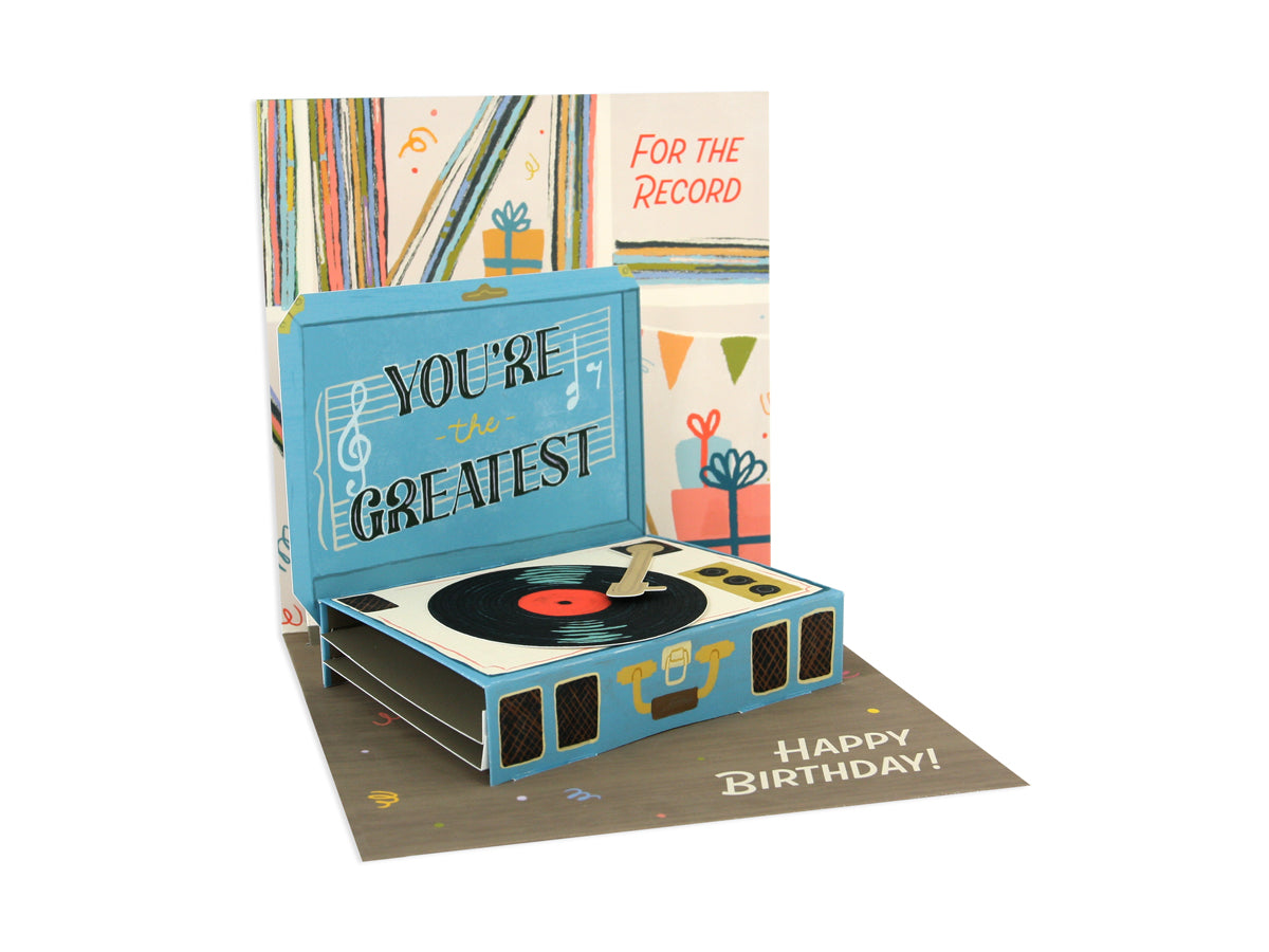 Pop-up birthday card featuring a 3D blue record player with 'You're the Greatest' text.