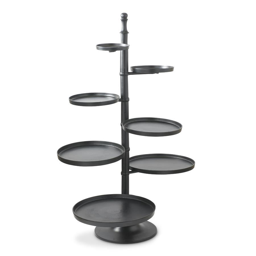 Matte black metal adjustable etagere with seven shelves