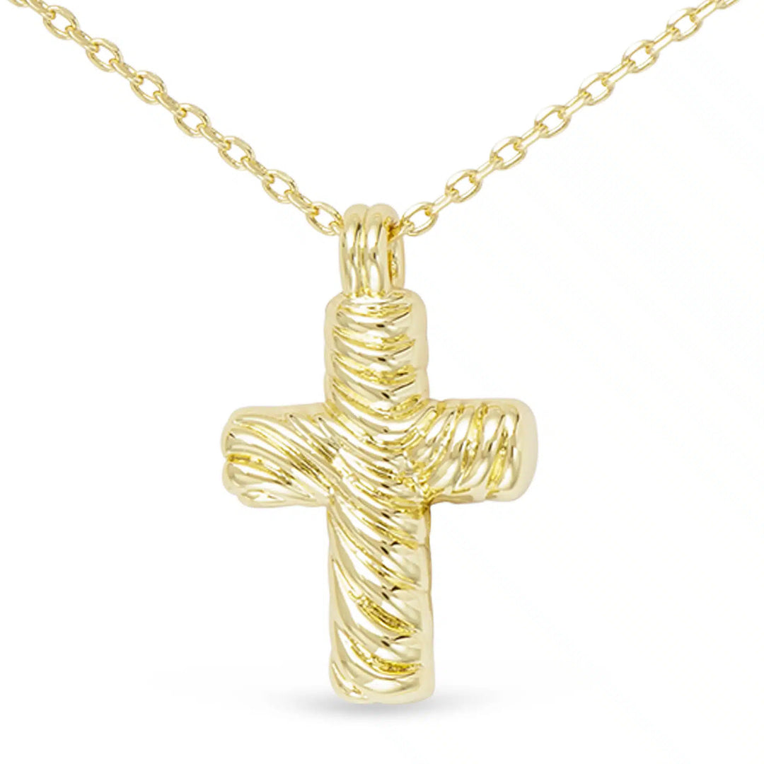 Gold cable small cross necklace with a textured, wrapped design on a delicate chain.