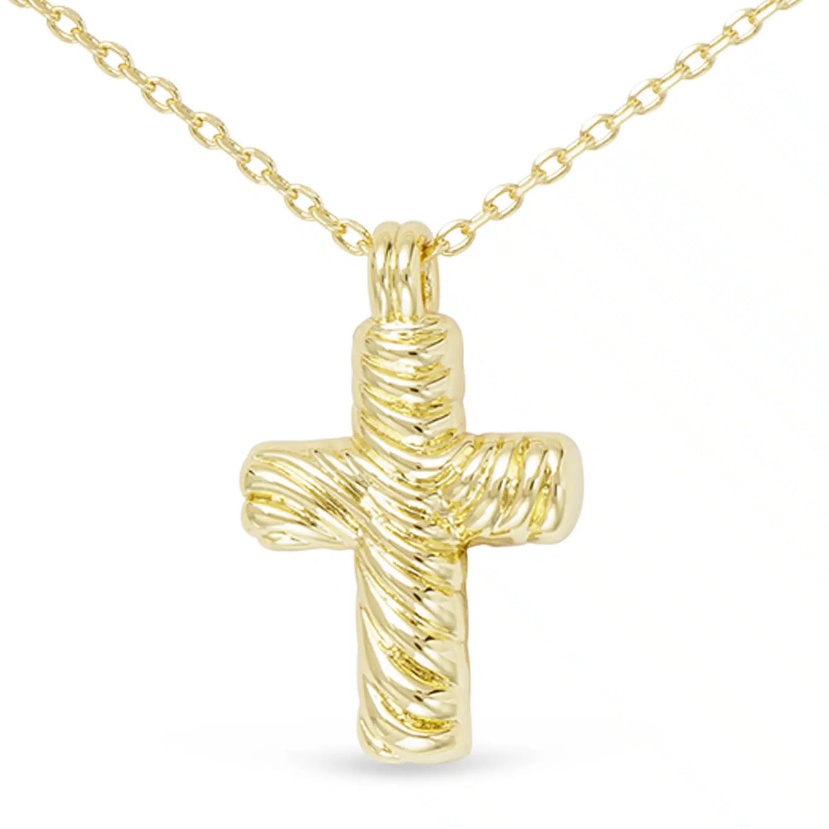 Gold cable small cross necklace with a textured, wrapped design on a delicate chain.