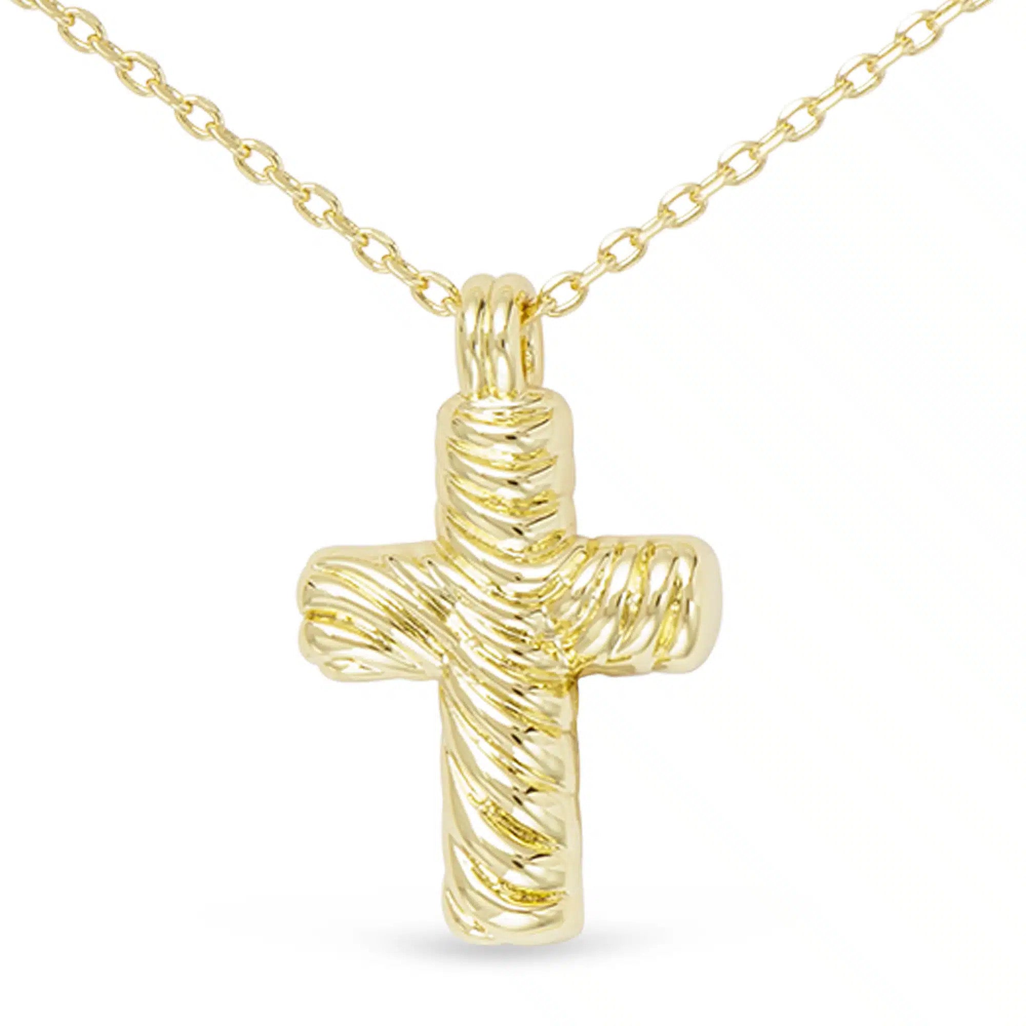Gold cable small cross necklace with a textured, wrapped design on a delicate chain.