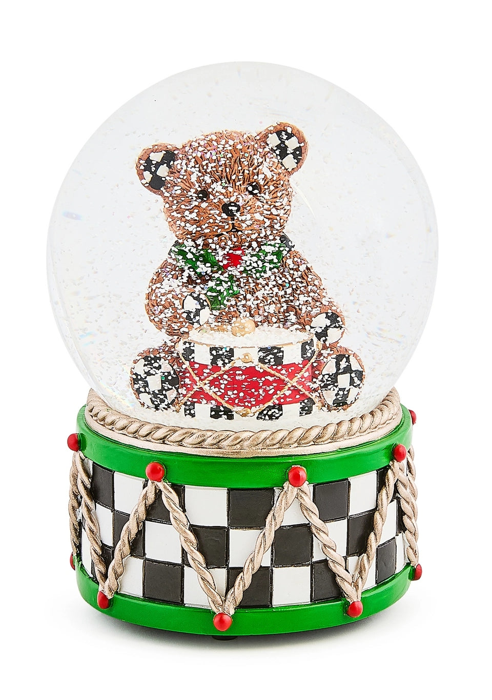Resin snow globe featuring a checkered Holly Bear figure inside glass with a silver cap.