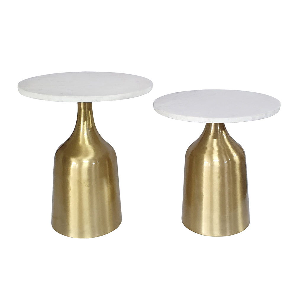 Modern side table with a round marble top supported by an aluminum frame.