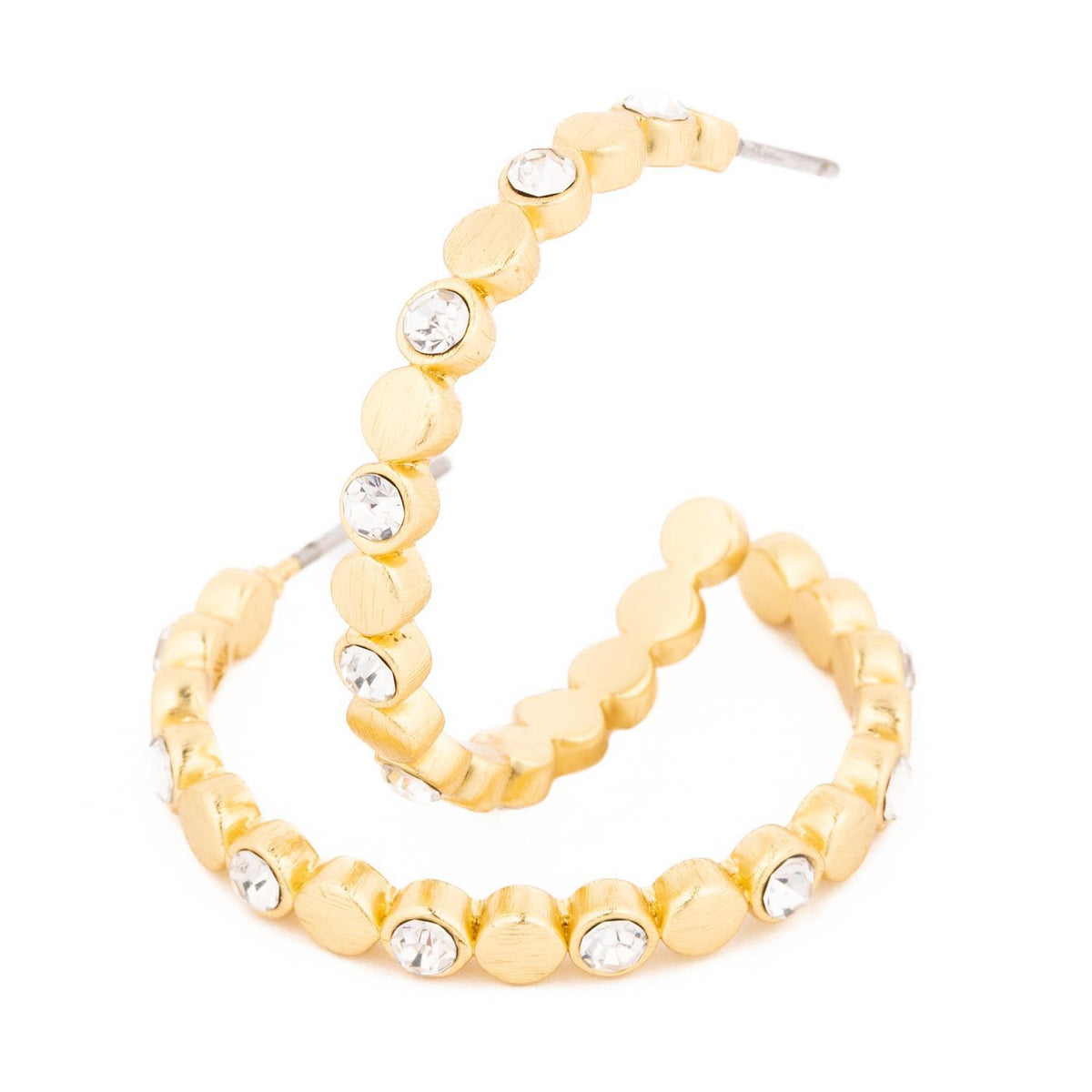 Gold hoop earrings with a beaded design and clear stones.