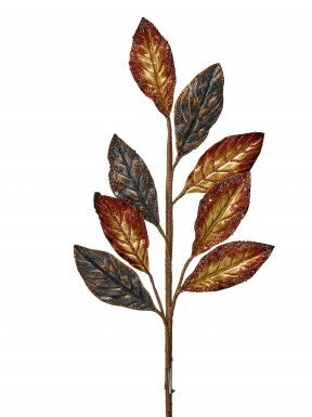 24 inch metallic glitter and bead magnolia spray with gold and bronze leaves on a brown stem.