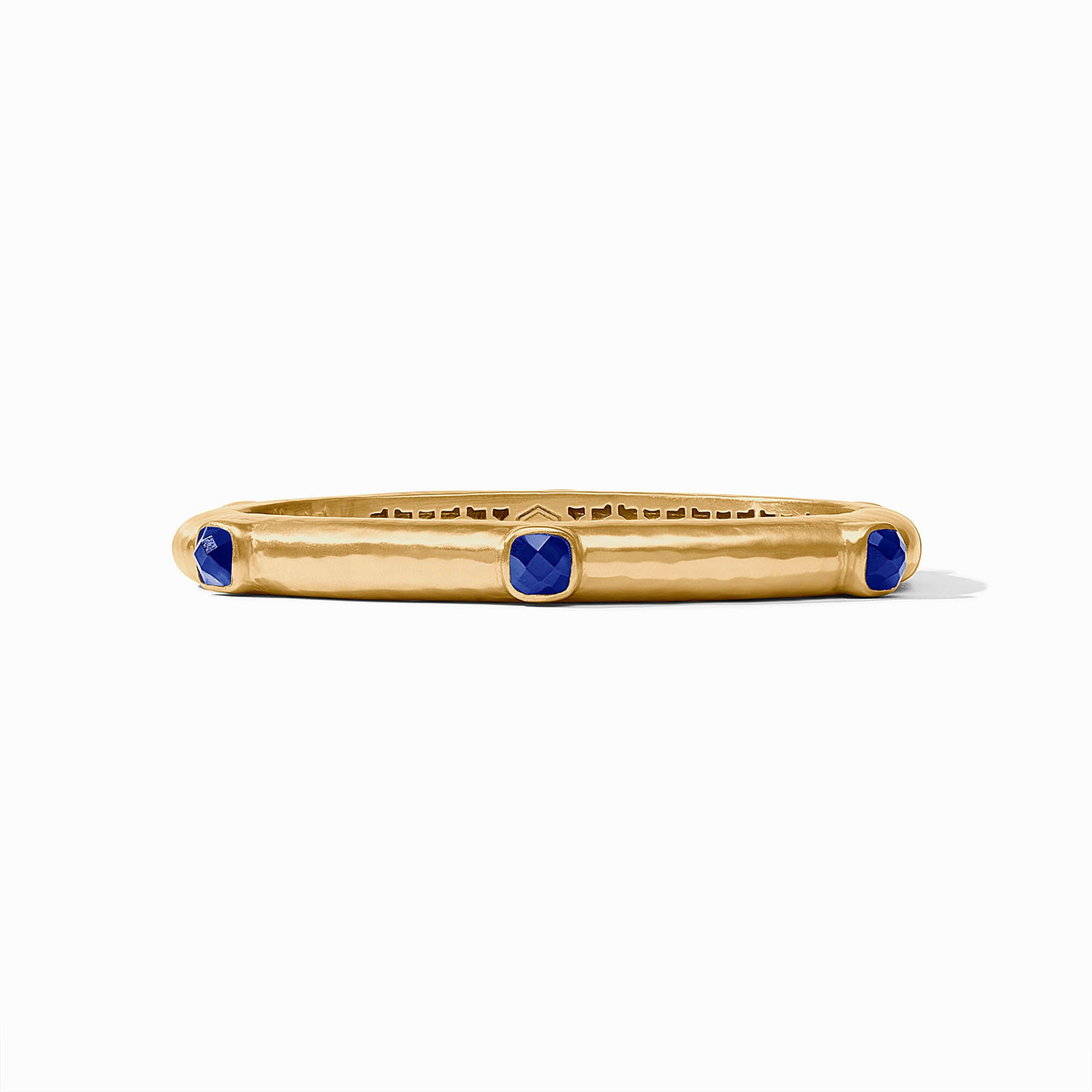 Gold-plated Catalina Stone Hinge Bangle with six blue rose-cut glass and mother of pearl stations.