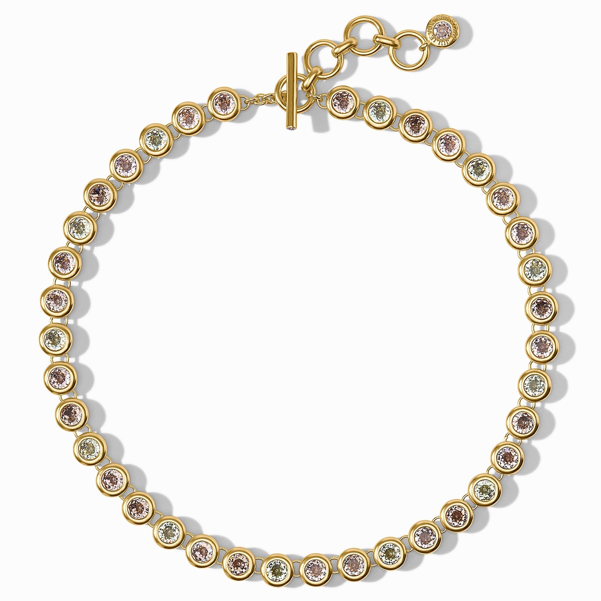 Gold-plated Rainbow Tennis Necklace with bezel-set pastel glass stones and a toggle closure.